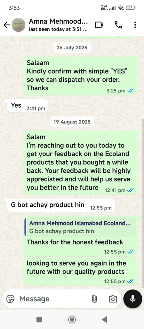WhatsApp message from an Ecoland customer