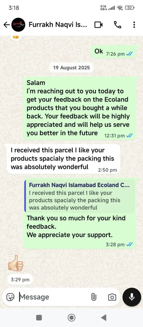 WhatsApp message from an Ecoland customer