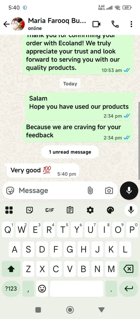 WhatsApp message from an Ecoland customer