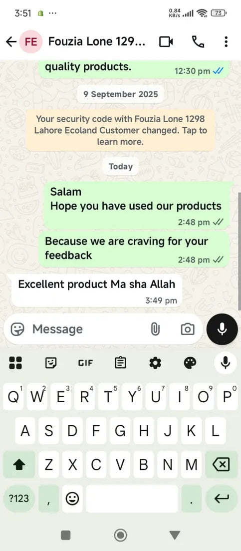 WhatsApp message from an Ecoland customer