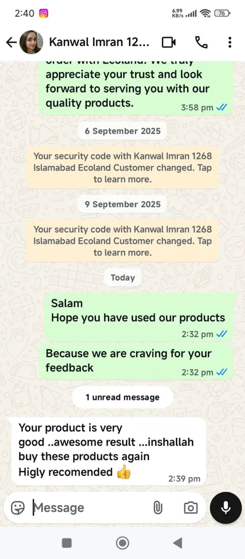 WhatsApp message from an Ecoland customer