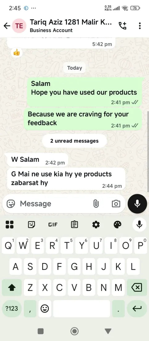 WhatsApp message from an Ecoland customer