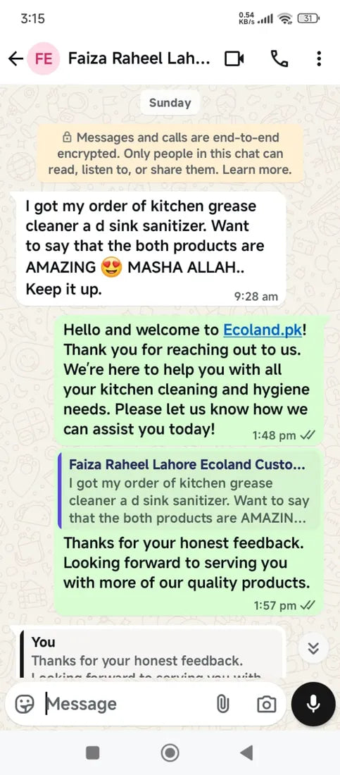 WhatsApp message from an Ecoland customer