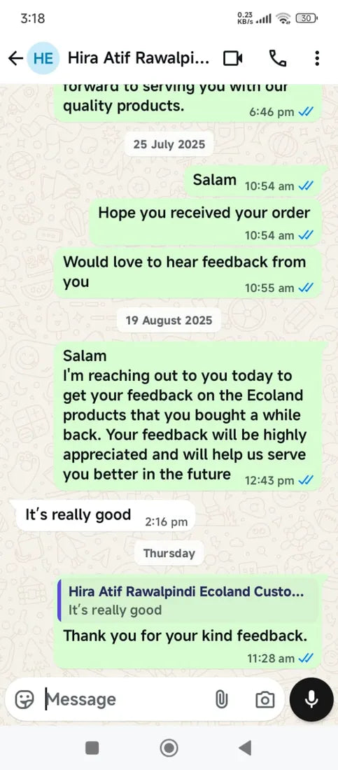 WhatsApp message from an Ecoland customer